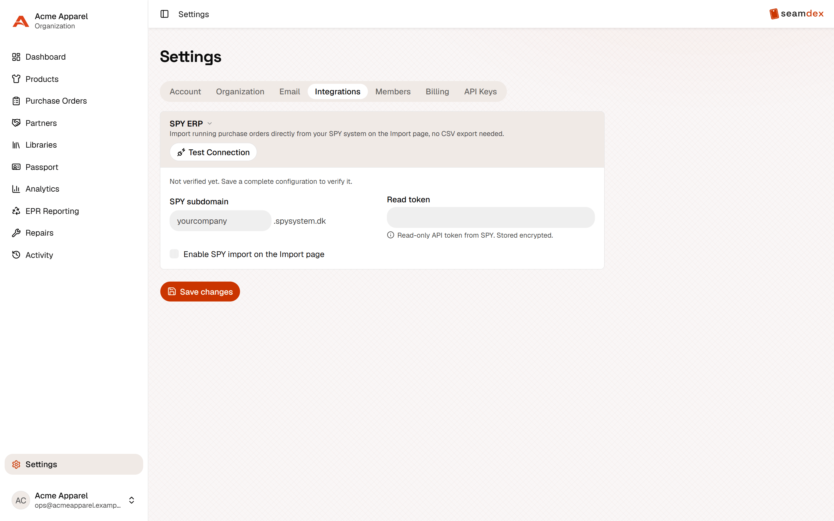 The SPY ERP integration settings in Seamdex with a read-only token field