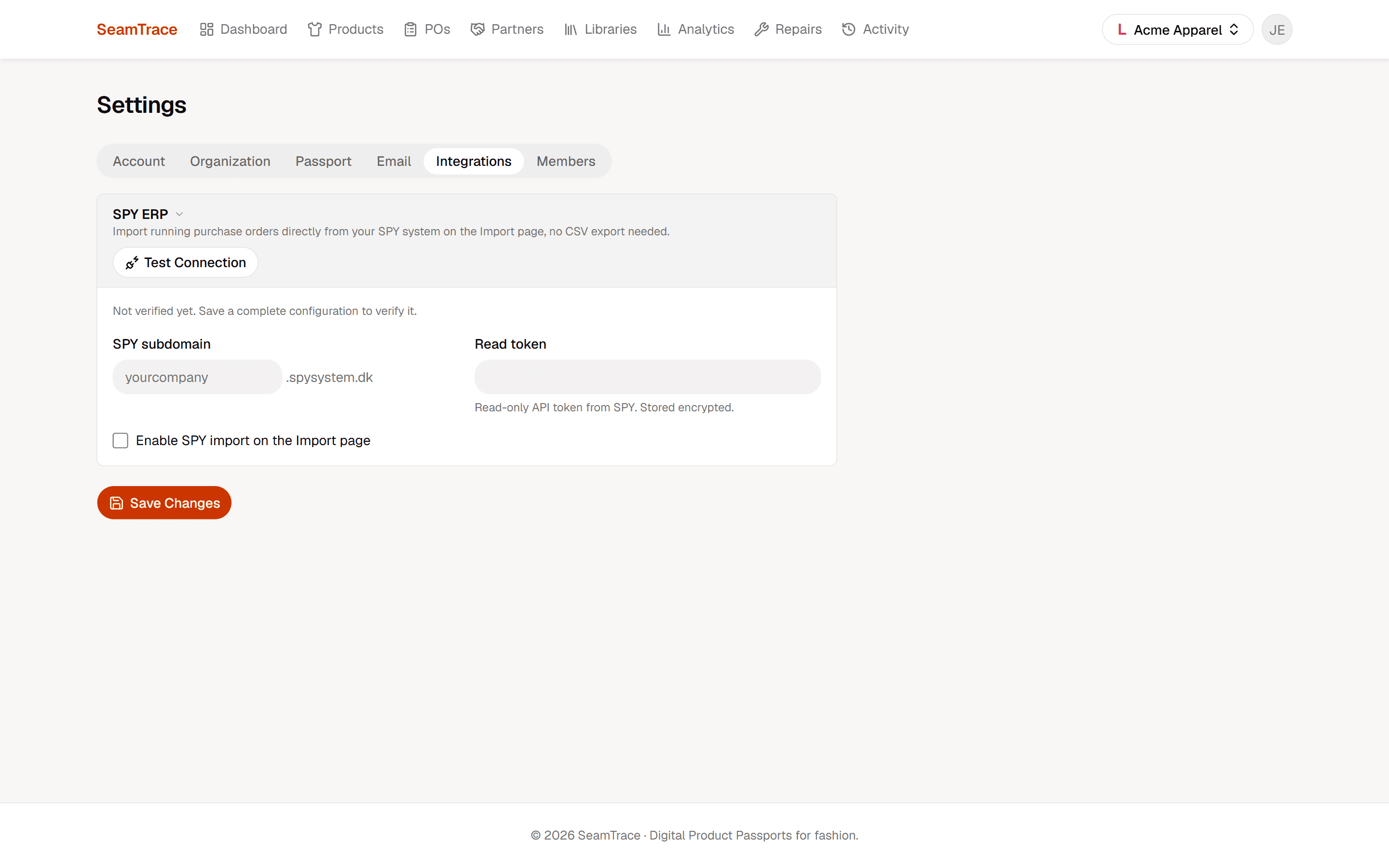 The SPY ERP integration settings in Seamdex with a read only token field