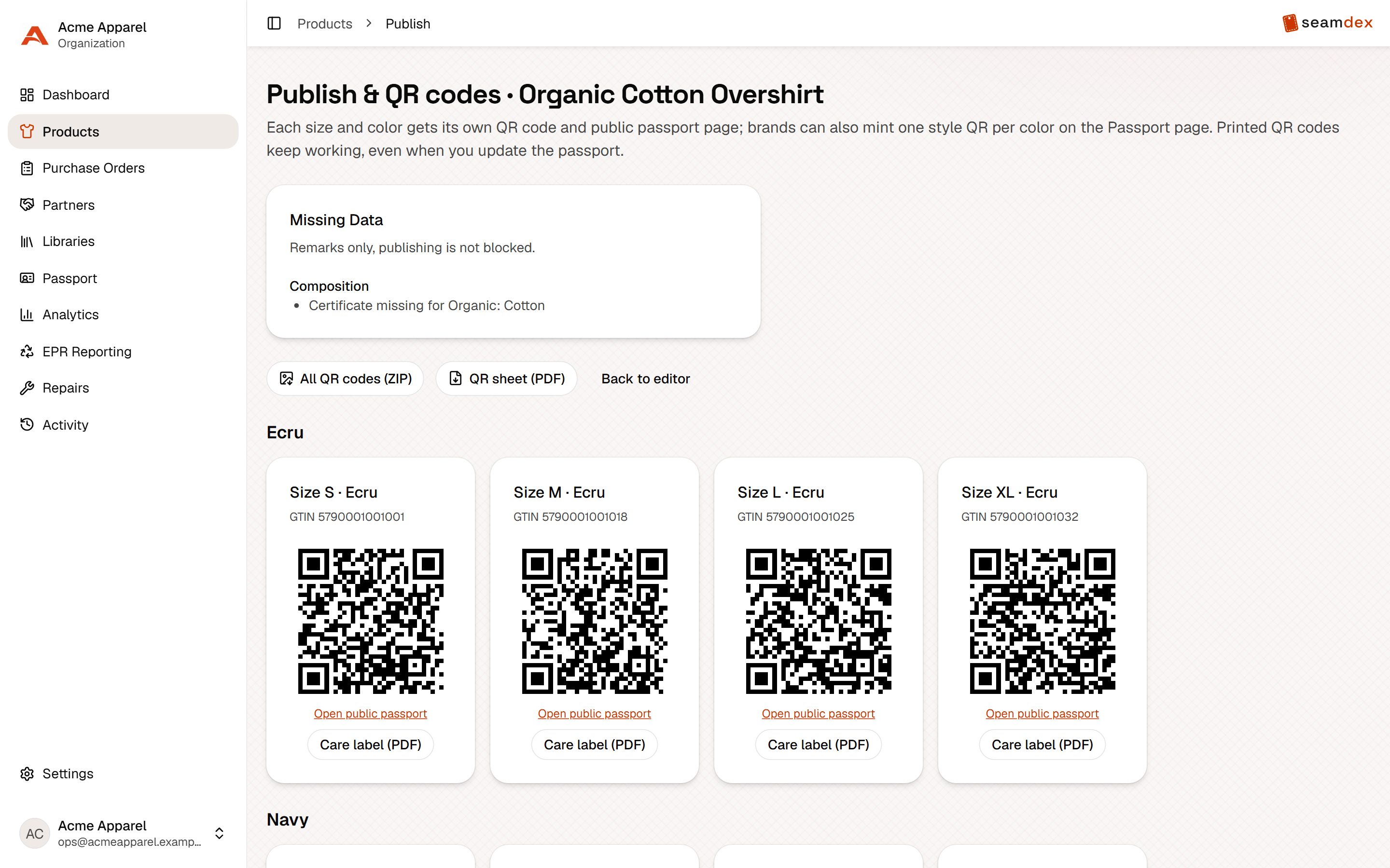 Per size QR codes with care label PDF downloads for a published style in Seamdex