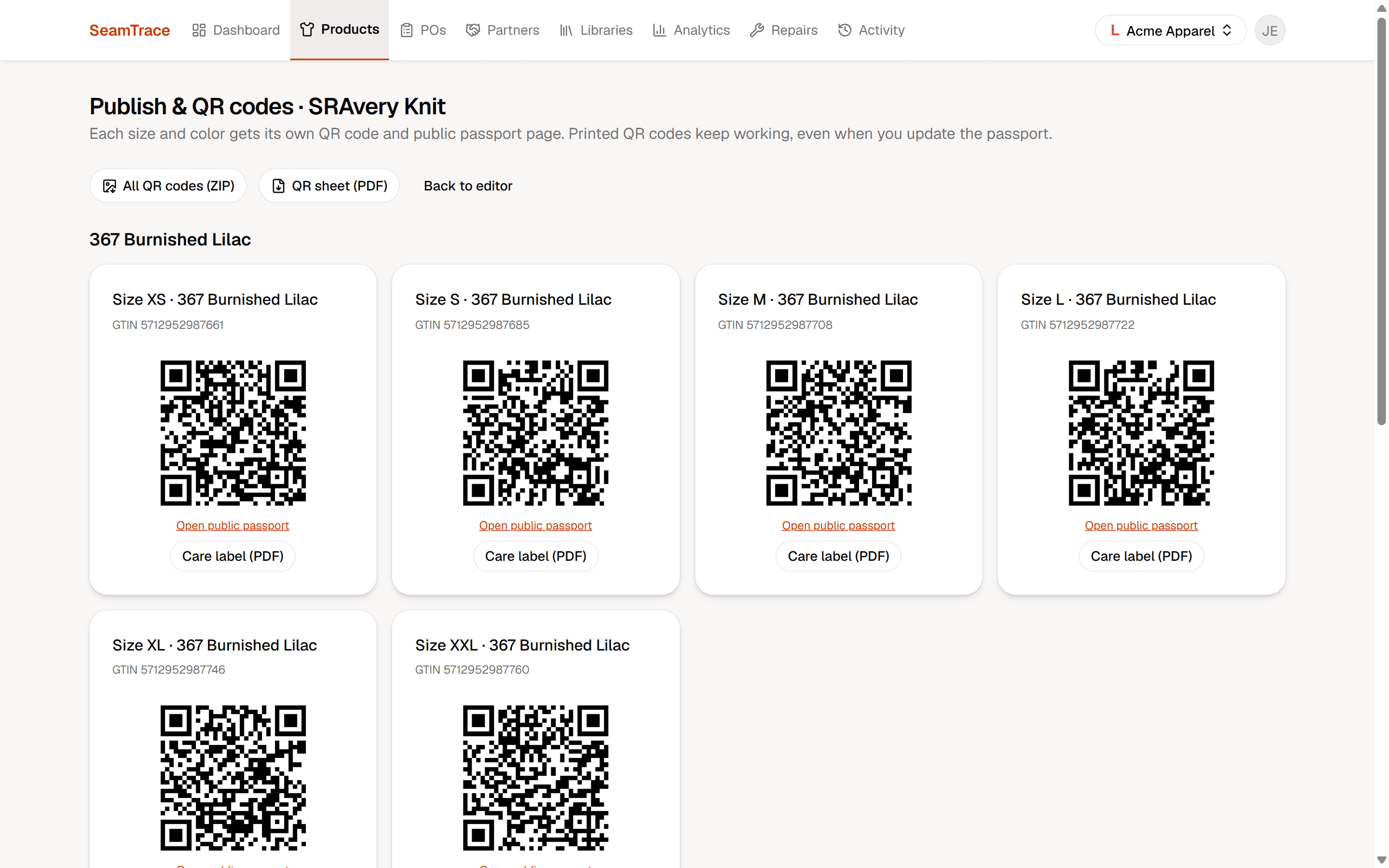 Per size QR codes with care label PDF downloads for a published style in Seamdex