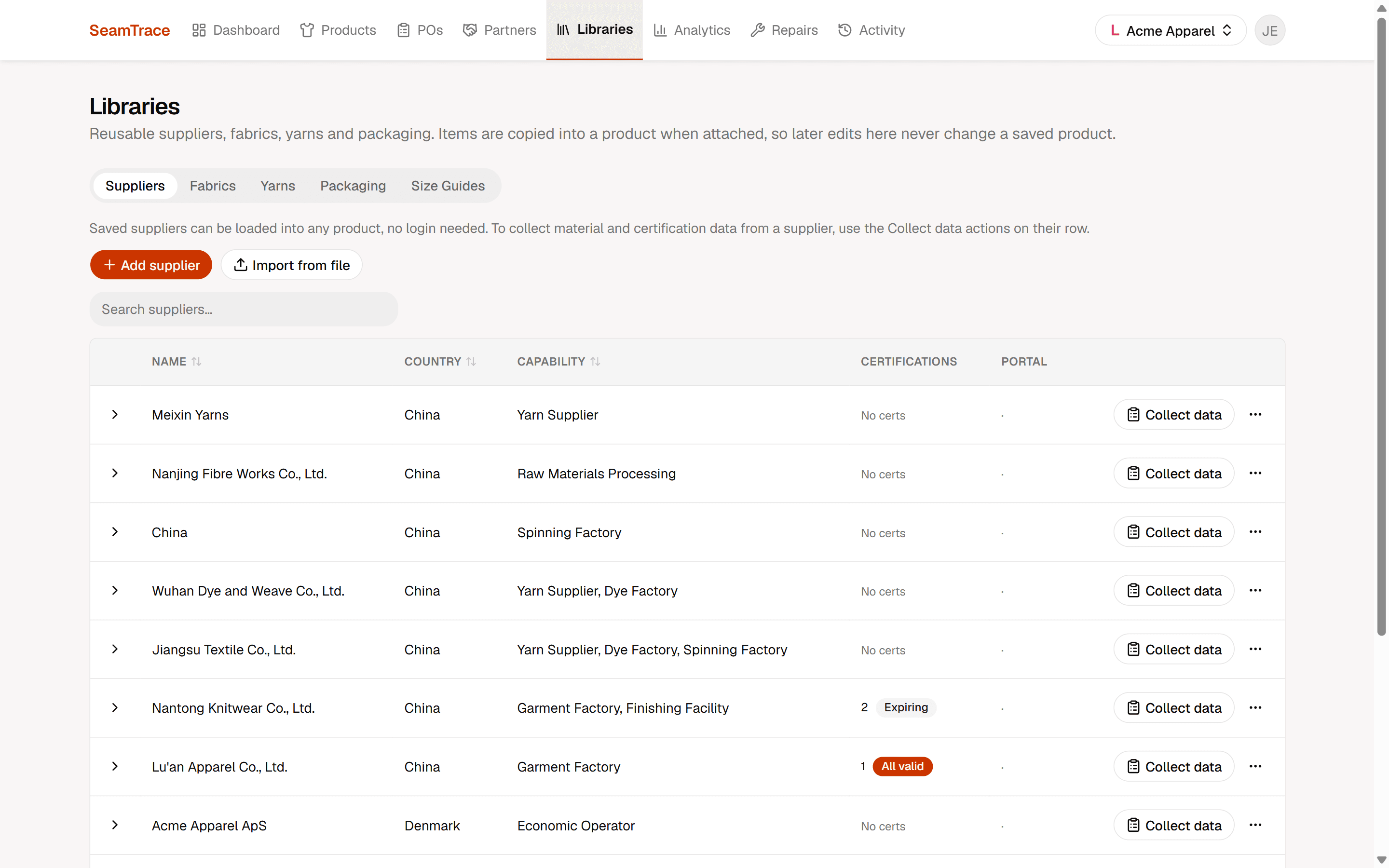 The reusable supplier library in Seamdex with capabilities and certification status per supplier