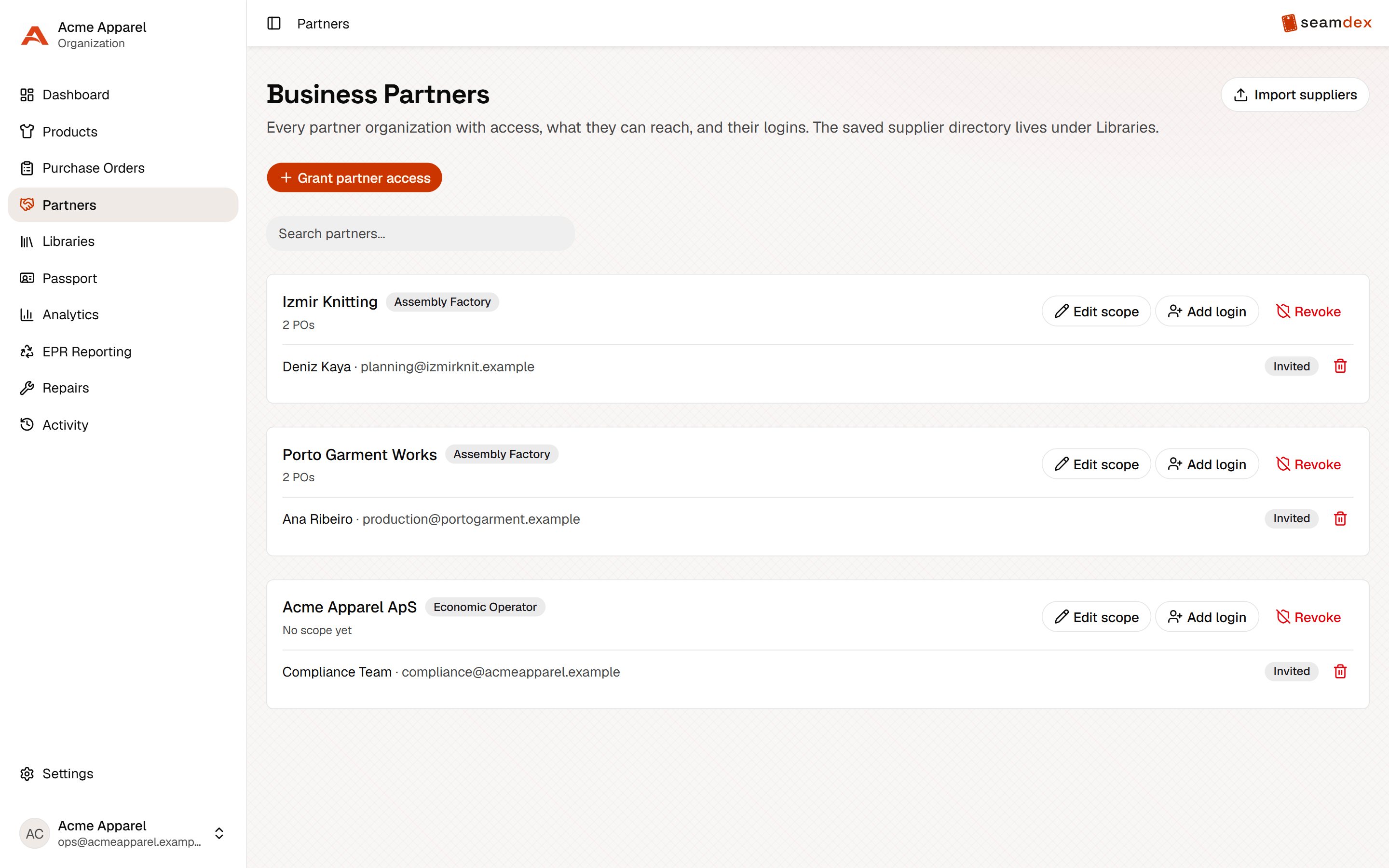 Partner access management in Seamdex with scoped supplier logins