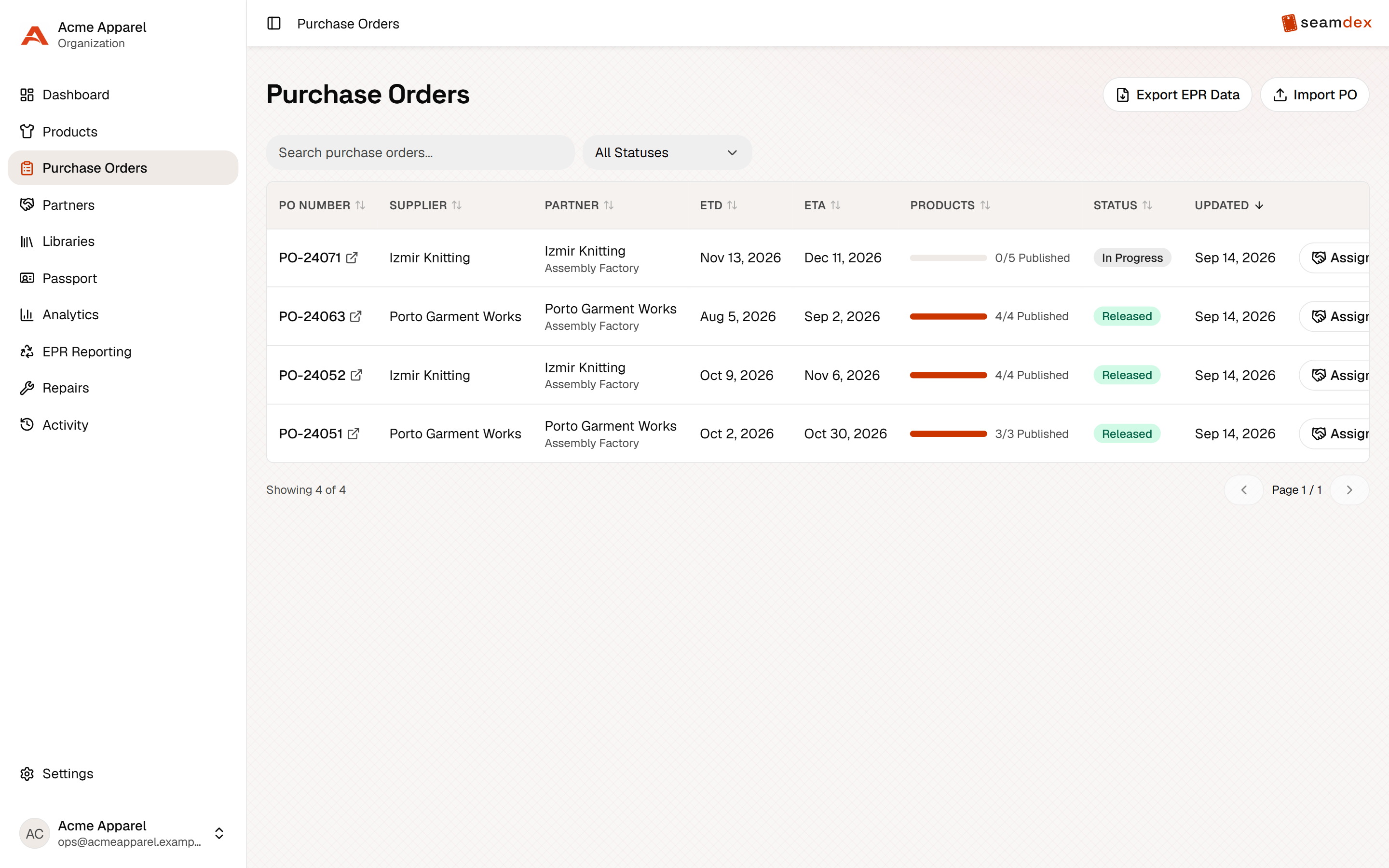 Purchase order list in Seamdex showing per style publishing progress and EPR export
