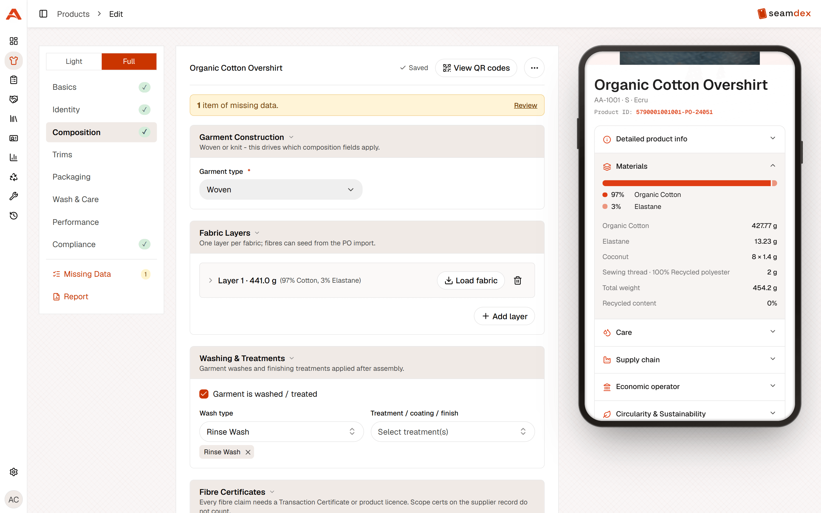 The Seamdex product editor showing fibre composition fields next to a live passport preview
