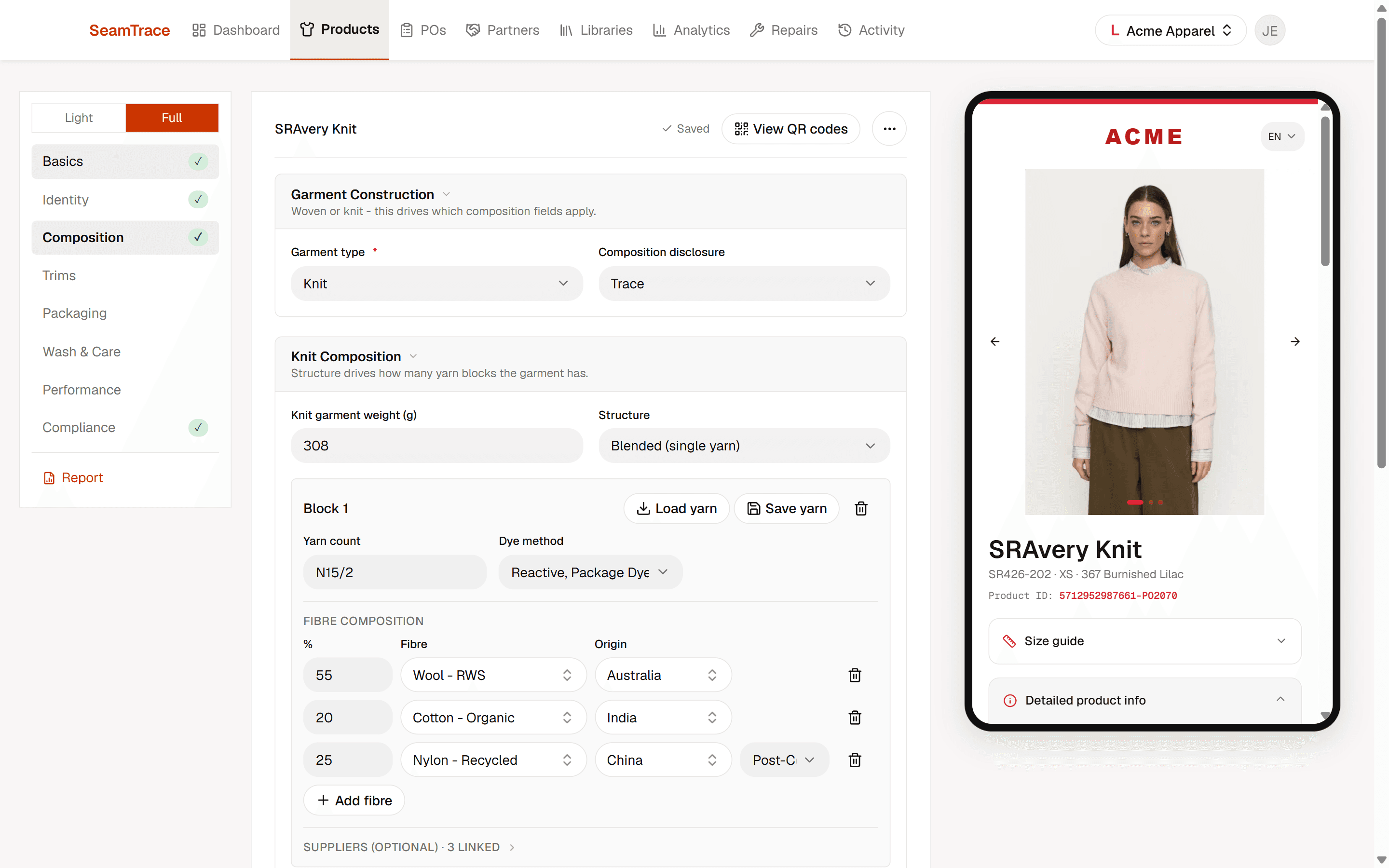 The Seamdex product editor showing fibre composition fields next to a live passport preview