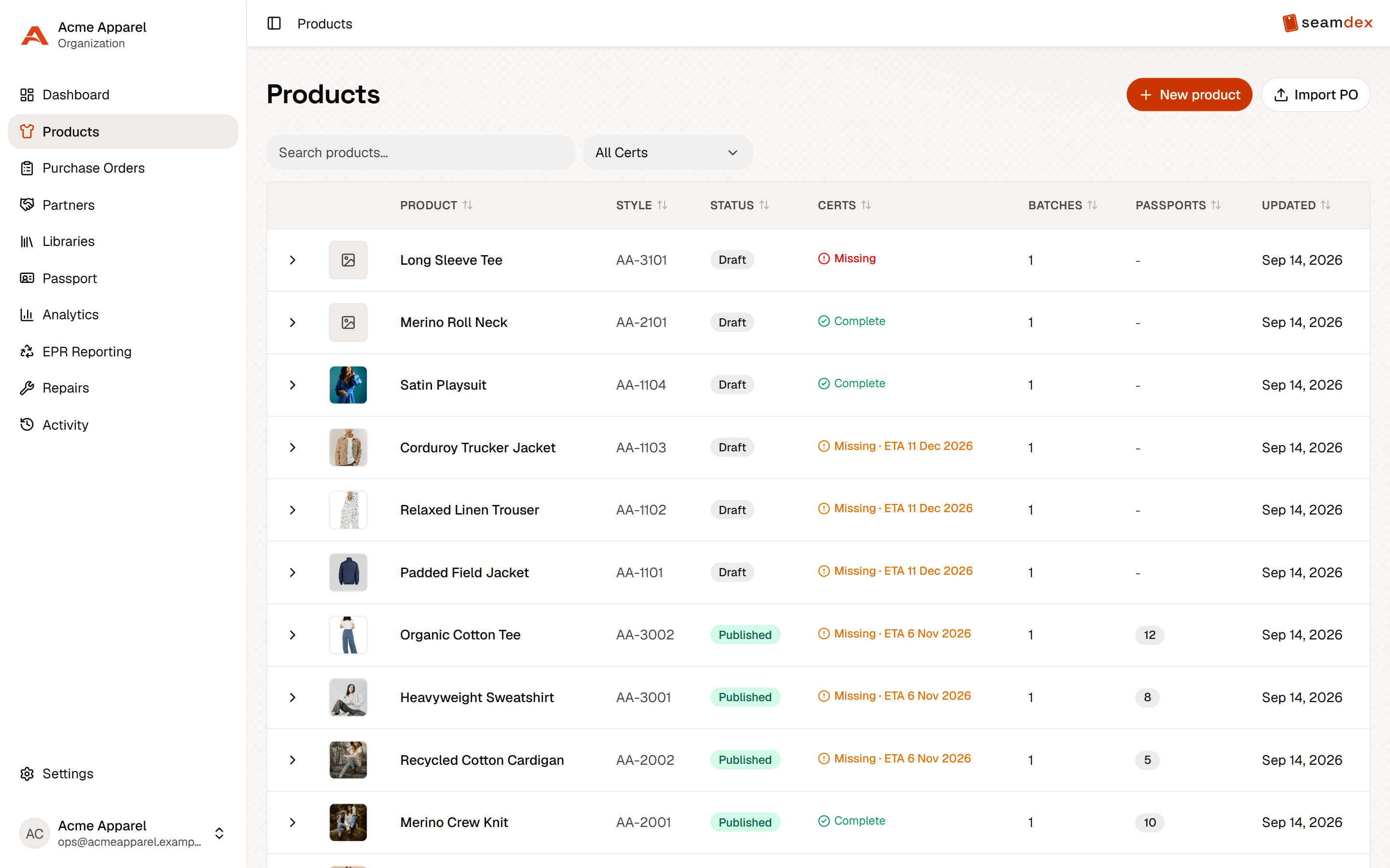 The Seamdex product list showing draft, partly published and published styles with passport counts