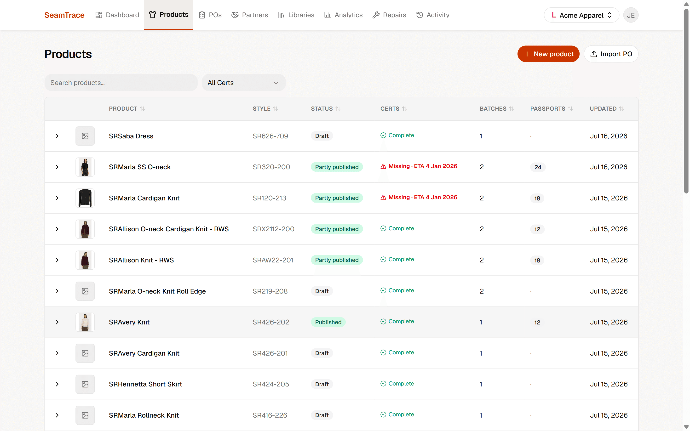 The Seamdex product list showing draft, partly published and published styles with passport counts